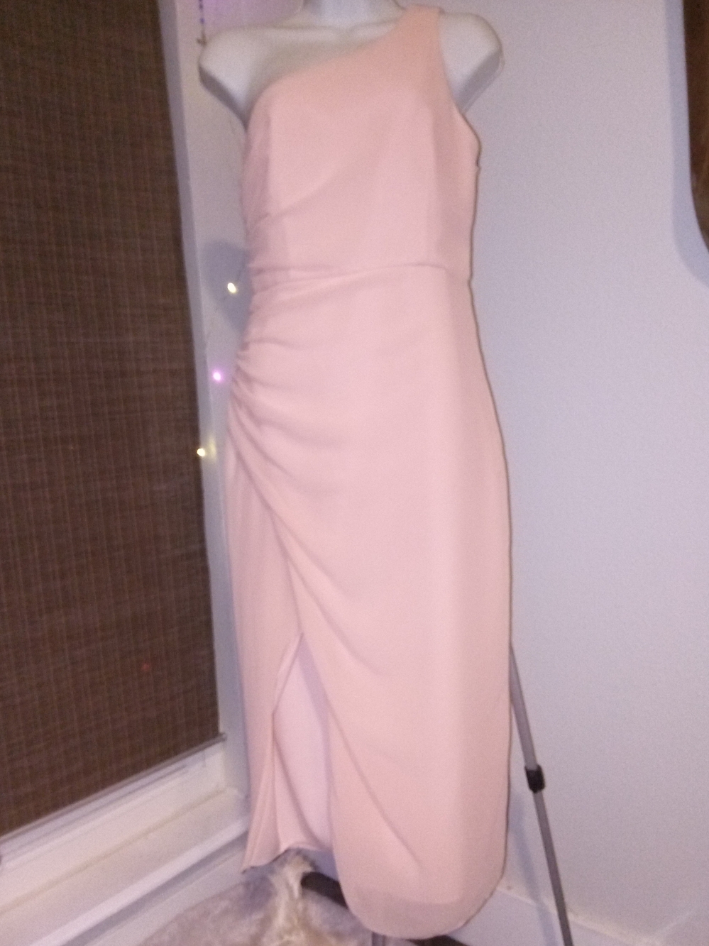 Misha- Ida One-Shoulder Soft Blush Pink Midi Dress with Side Ruched Detailing